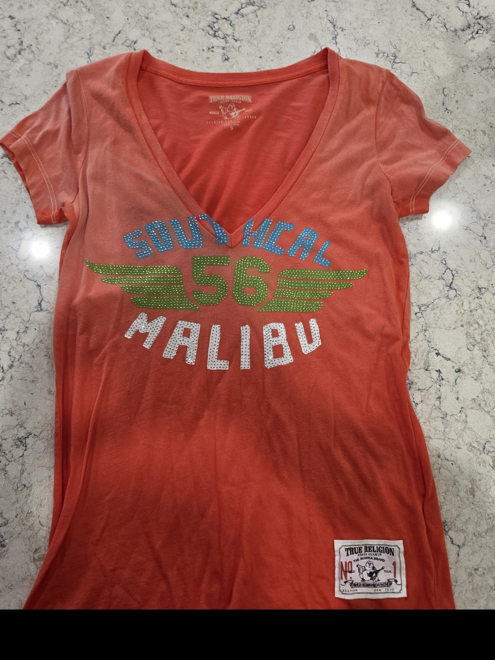 True Religion Coral V-Neck 'Malibu 56' Graphic Tee